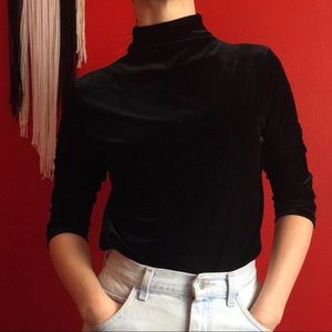 Vintage 80s Stretch Black Velvet Mock Turtleneck
